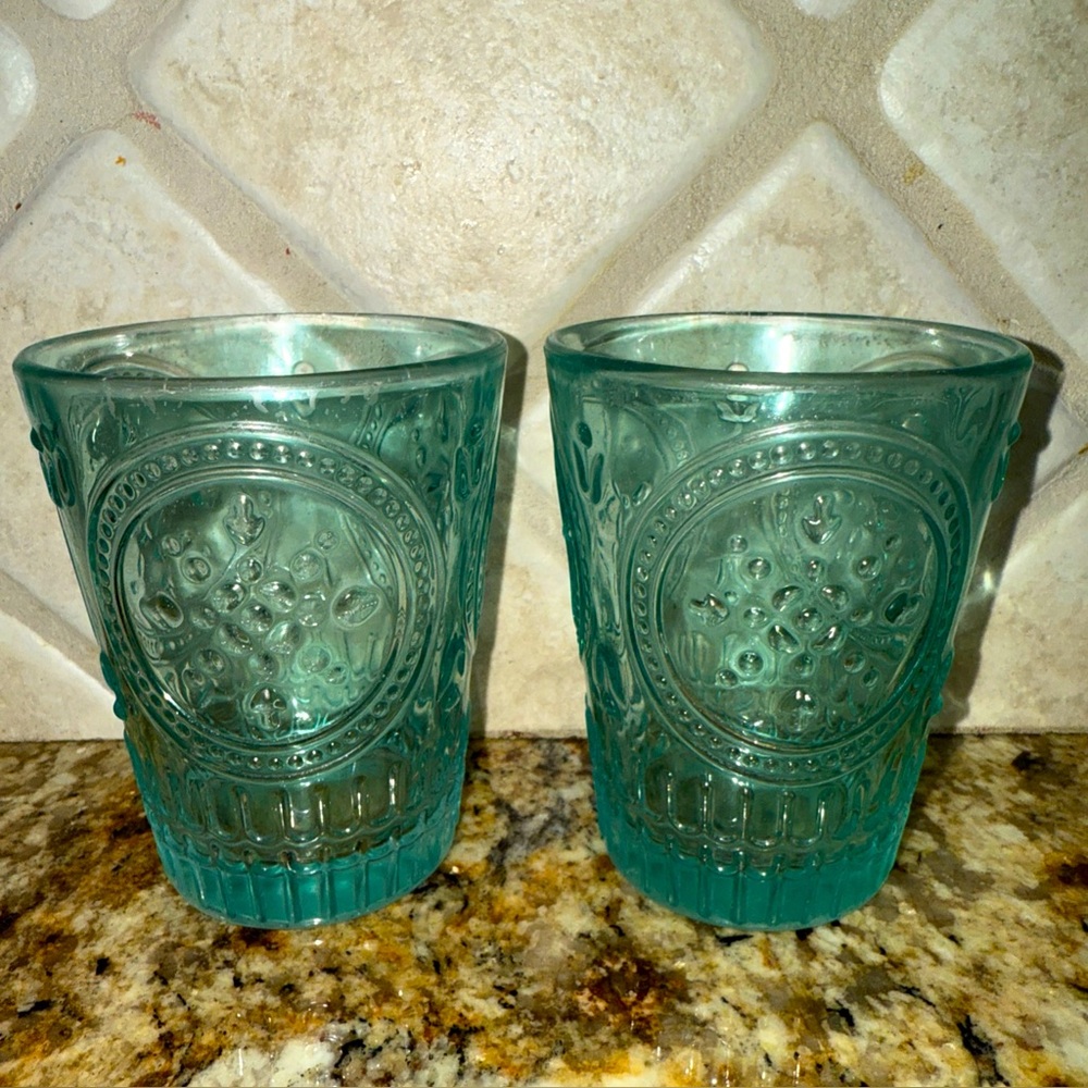 Embossed Glass Tumblers Vintage Ivima Aqua Blue Green Glass 4-1/8" Set of 2 Two